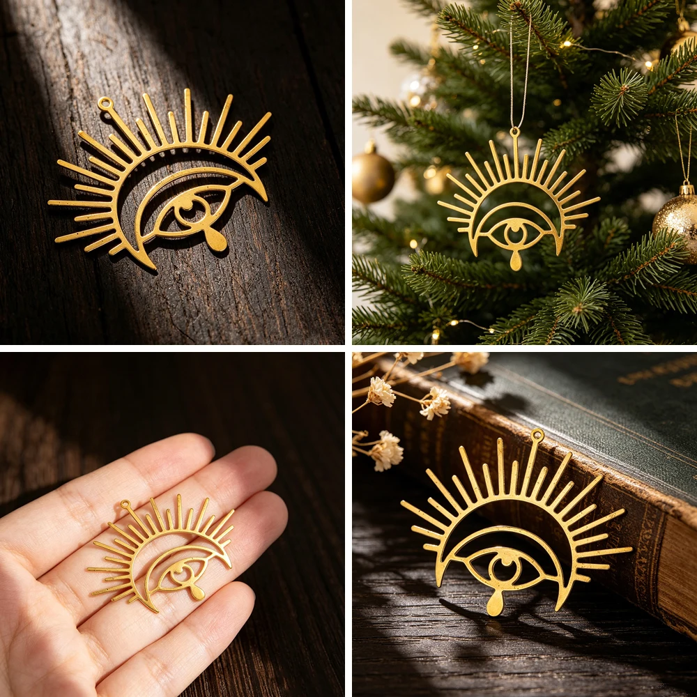 Mystical Brass Evil Eye Charm Pendant with Sunburst & Teardrop Design for DIY Jewelry Making Suncatcher Home Decor Gift