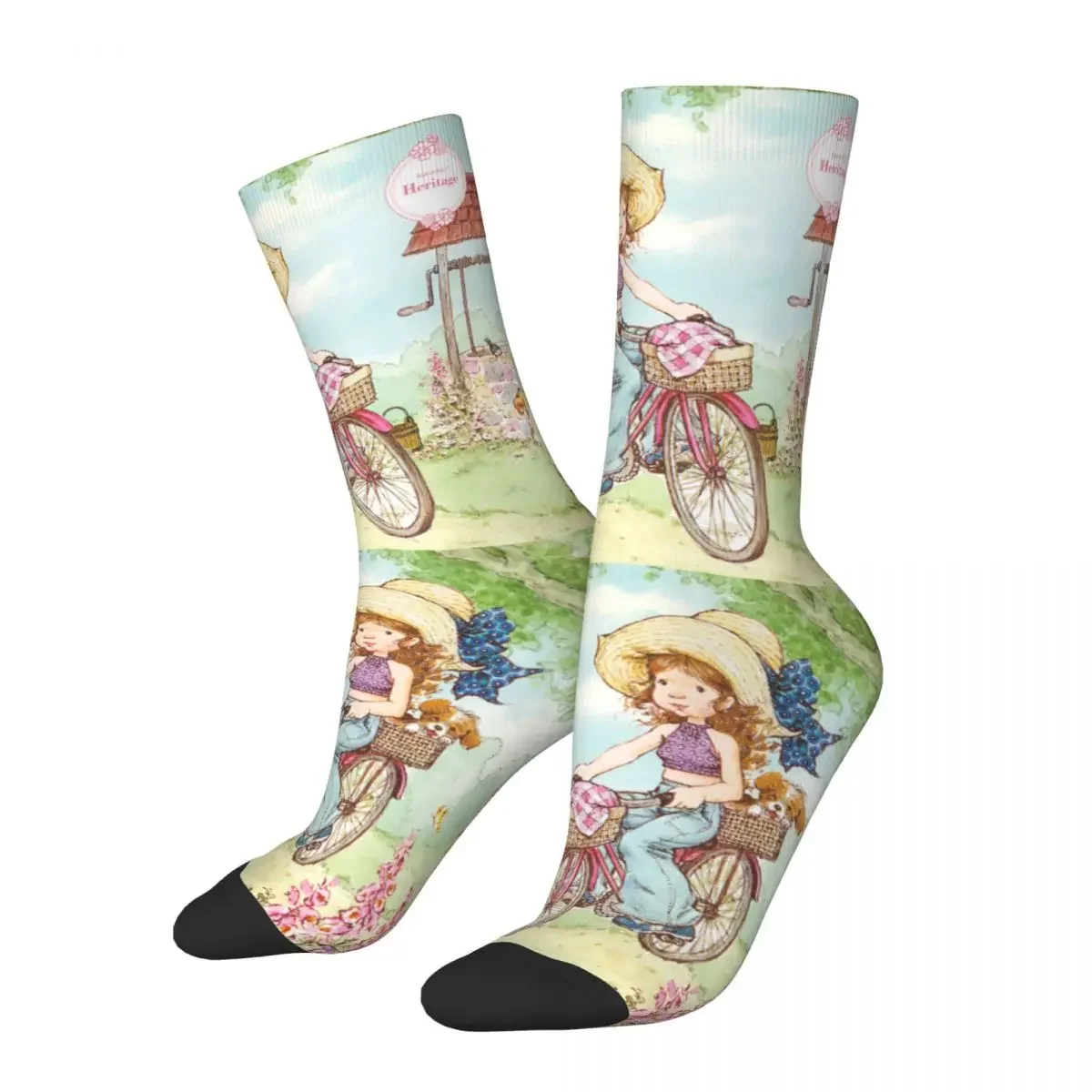 Cool Cute Sarah Kay Girl Bike Ride Print Socks Merchandise All Season Cartoon Country Life Cute Crew Socks Best Gift for Her