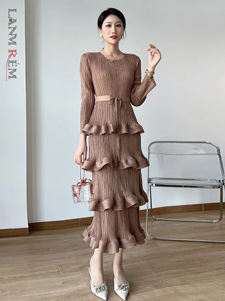 LANMREM Long Pleated Dress Women Round Neck Solid Color Ruffles Cake Belt Dresses Multi-layer Female Elegant Clothing 2R6863