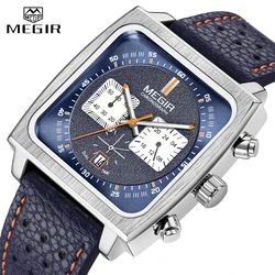 MEGIR Mode Blau Leder Uhr Männer Top Marke Luxus Platz Zifferblatt Chronograph Militär Quarz Uhren für Mann mit Datum 24-stunde