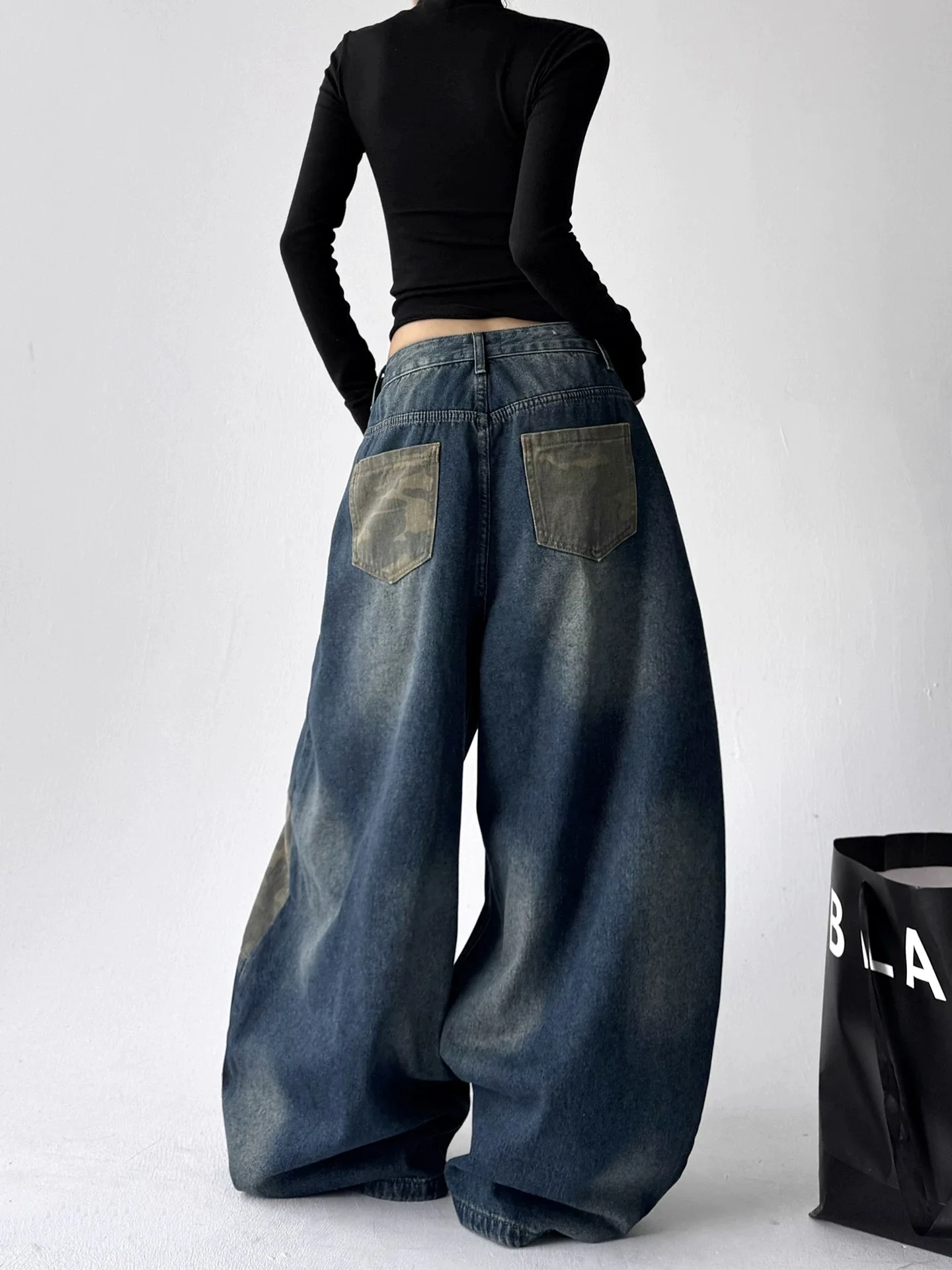 Y2k americano retro jeans feminino lavado camuflagem outono inverno cintura alta solto ajuste curvo calças versáteis na moda