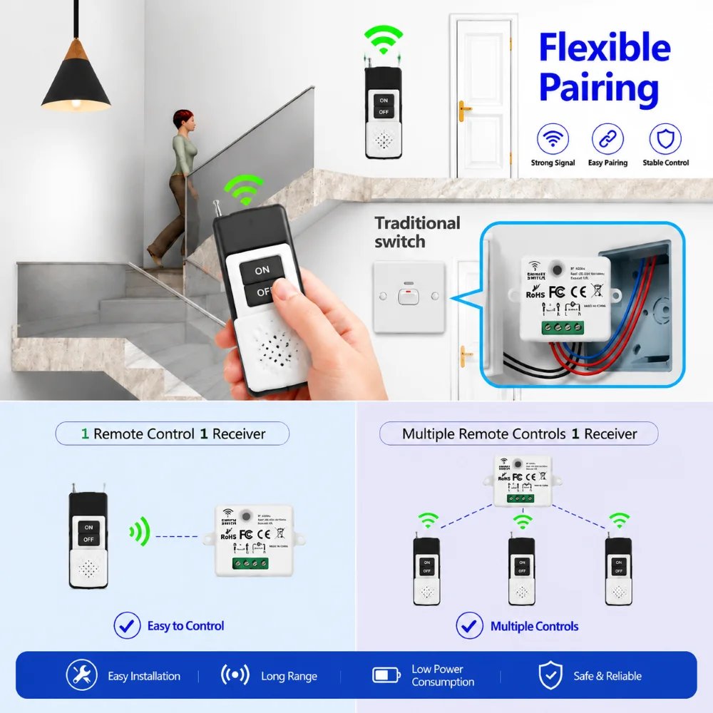 FUNNYSHIELD 433Mhz RF Wireless Remote Control Light Switch 1000M Distance AC 110V 220V Relay Receiver Switch for Home Led Lamp