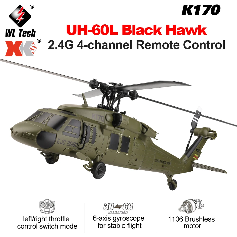 Wltoys K170 RC Helicopter UH-60L Black Hawk Dual Brushless 6-Axis Gyro 4CH 4 Bladed Aircraft Remote Control Aircraft Model Gifts