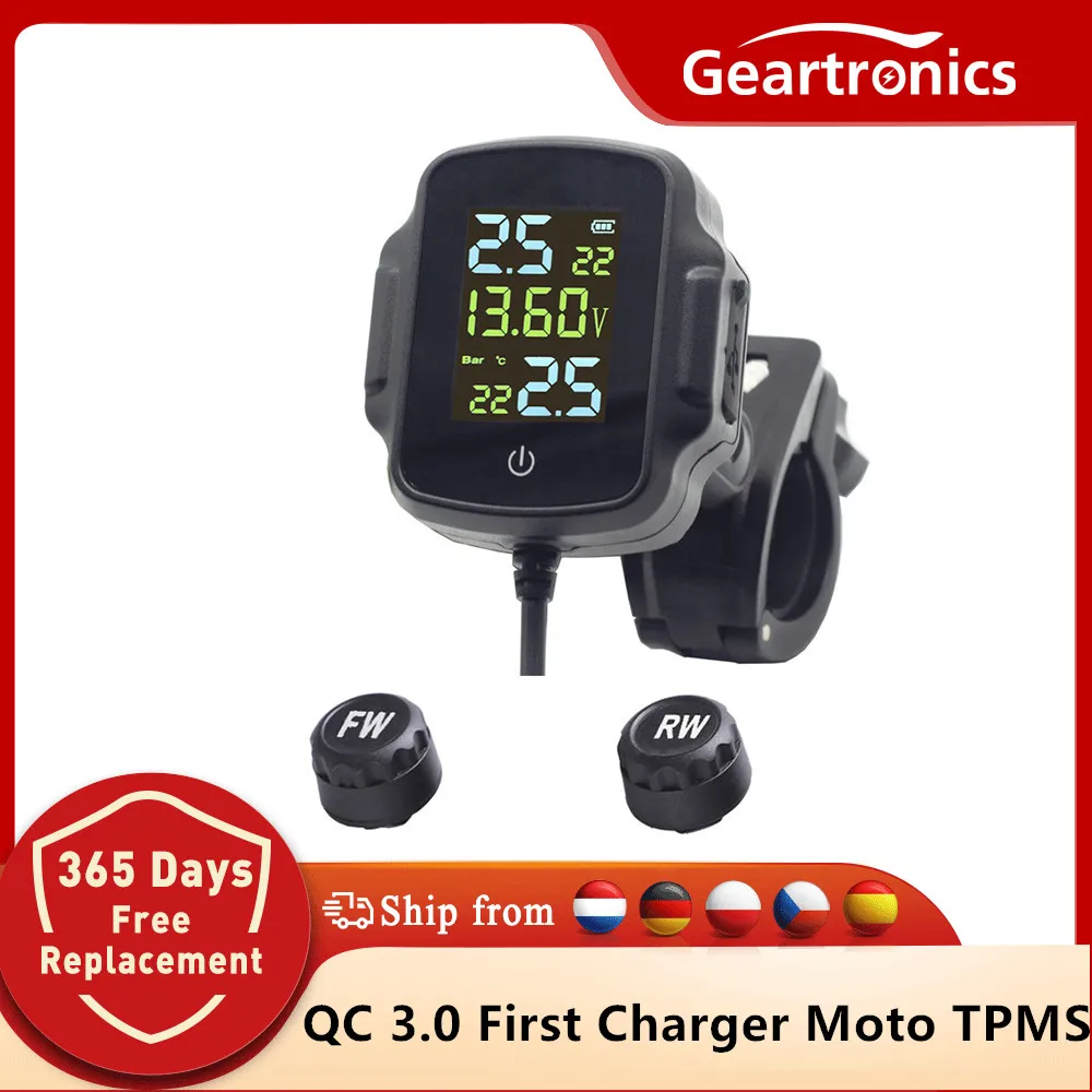 Motorcycle TPMS Motorbike Tire Pressure Monitoring System QC 3.0 Fast Charging USB Output Tyre Temperature Alarm System