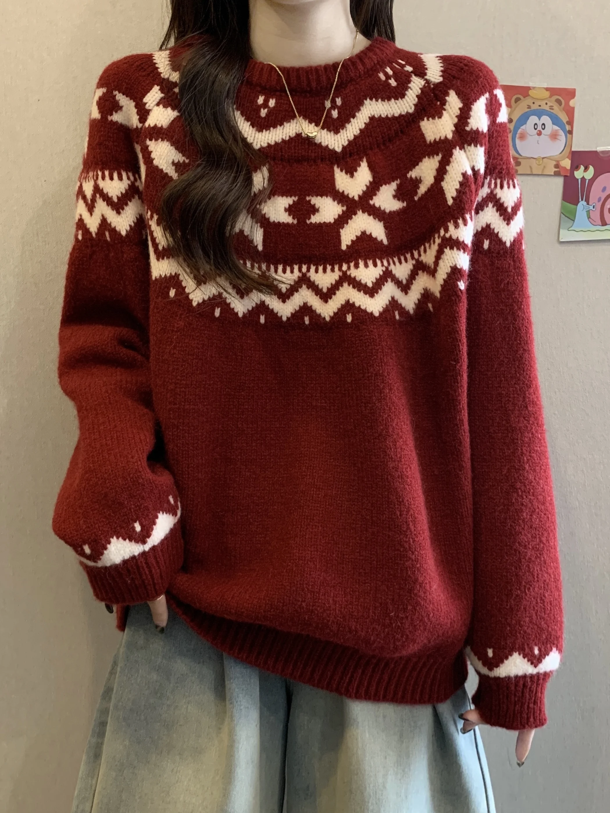 

Red Knitted Sweater Women's Vintage Floral Embroidery Loose Fit Faionable Anti-Aging Winter Autumn New Year's Women's Wear