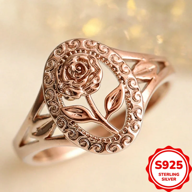 Romantic and Elegant Authentic S925 Silver Rose Gold Hollow Rose Women's Ring Fashion Personality