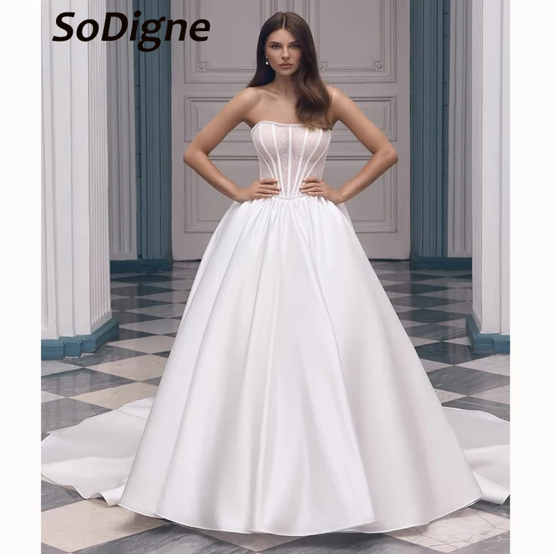 

SoDigne A-line Satin/Lace Bride Dresses Strapless Sleeveless Pearls Wedding Dress Bridal Gowns vestidos de novia Customized
