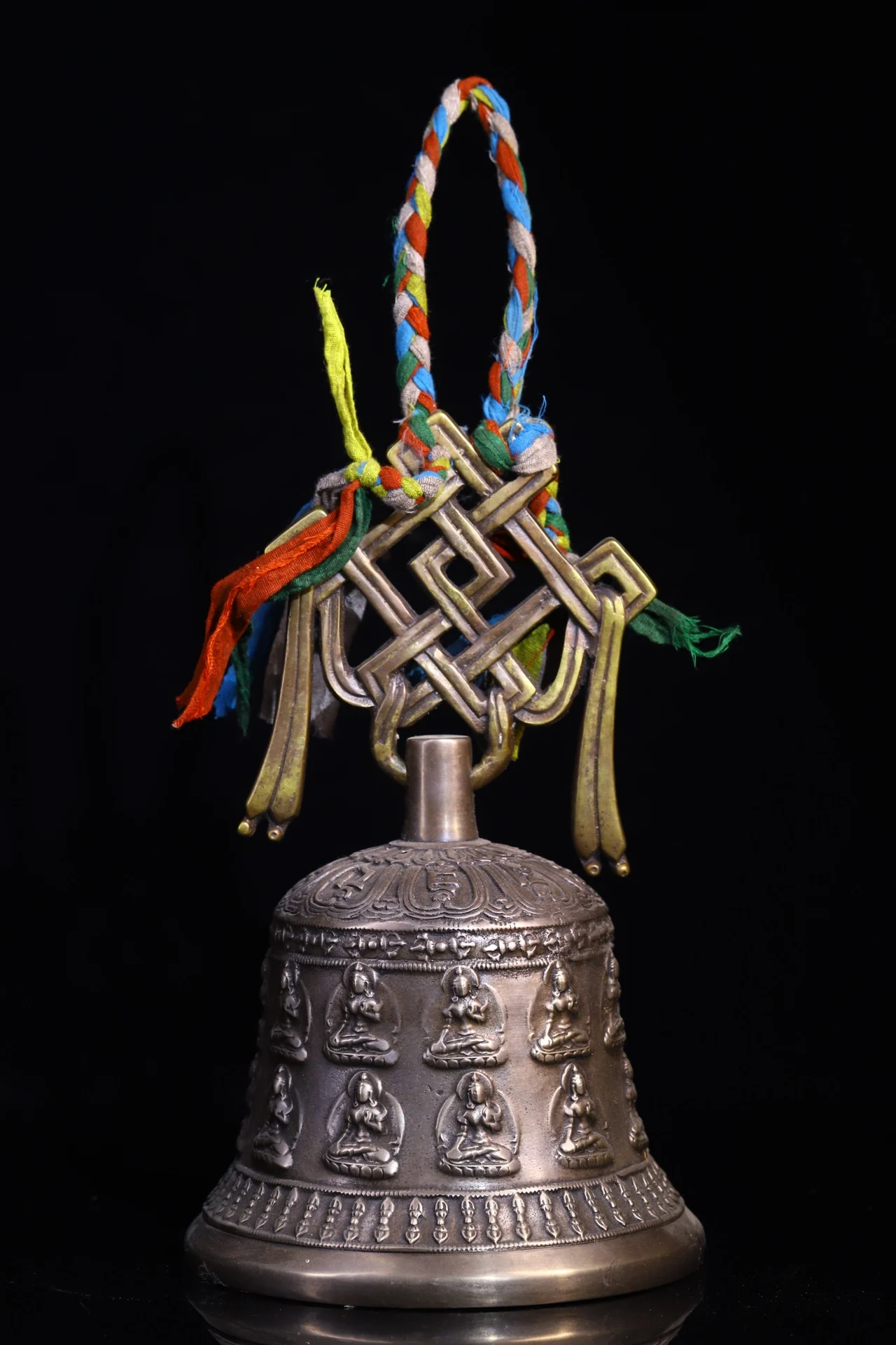 

11"Tibetan Temple Collection Old Bronze Cinnabar Old Ringing Bell Hang Bell Dorje Vajra Phurpa Dharma Pendant Town House