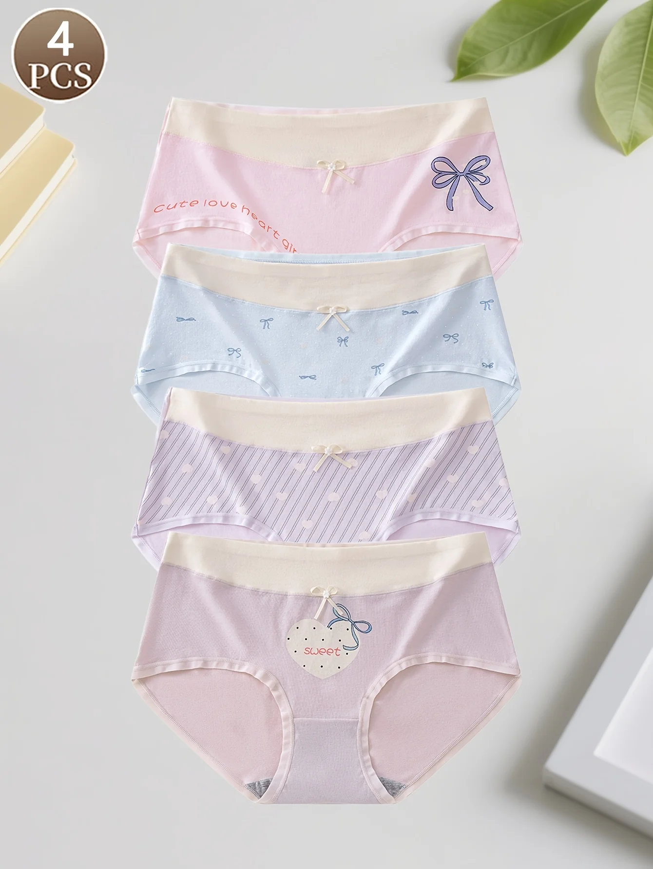 4-pcs of minimalist casual bow sweet style girls' underwear, antimicrobial cotton crotch, summer breathable comfortable briefs