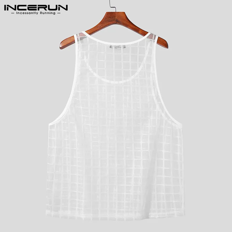 INCERUN Men Tank Tops Plaid Mesh Transparent O-neck Sleeveless Sexy Male Vests Streetwear 2023 Fashion Casual Men Clothing S-5XL