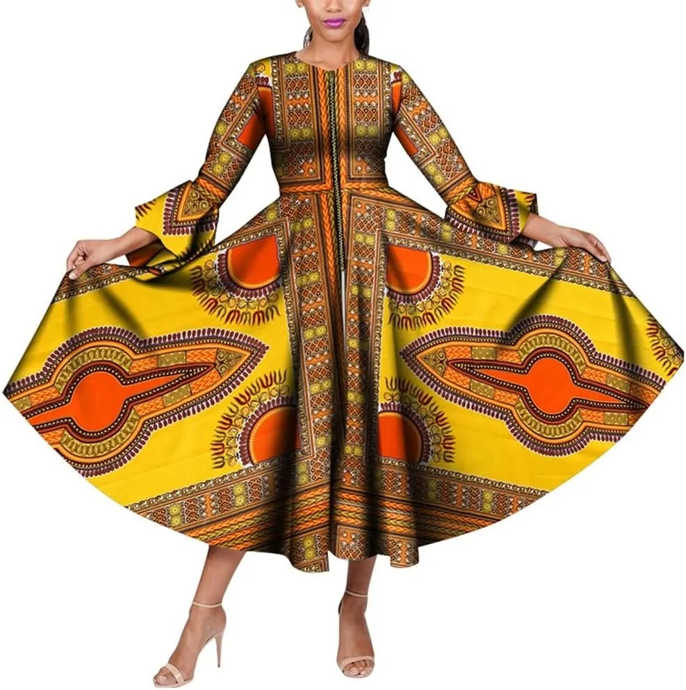 

African Clothes for Women Wax Print Ankara Long Sleeve Bazin Women Dresses Plus Size African Women Clothing WY8812