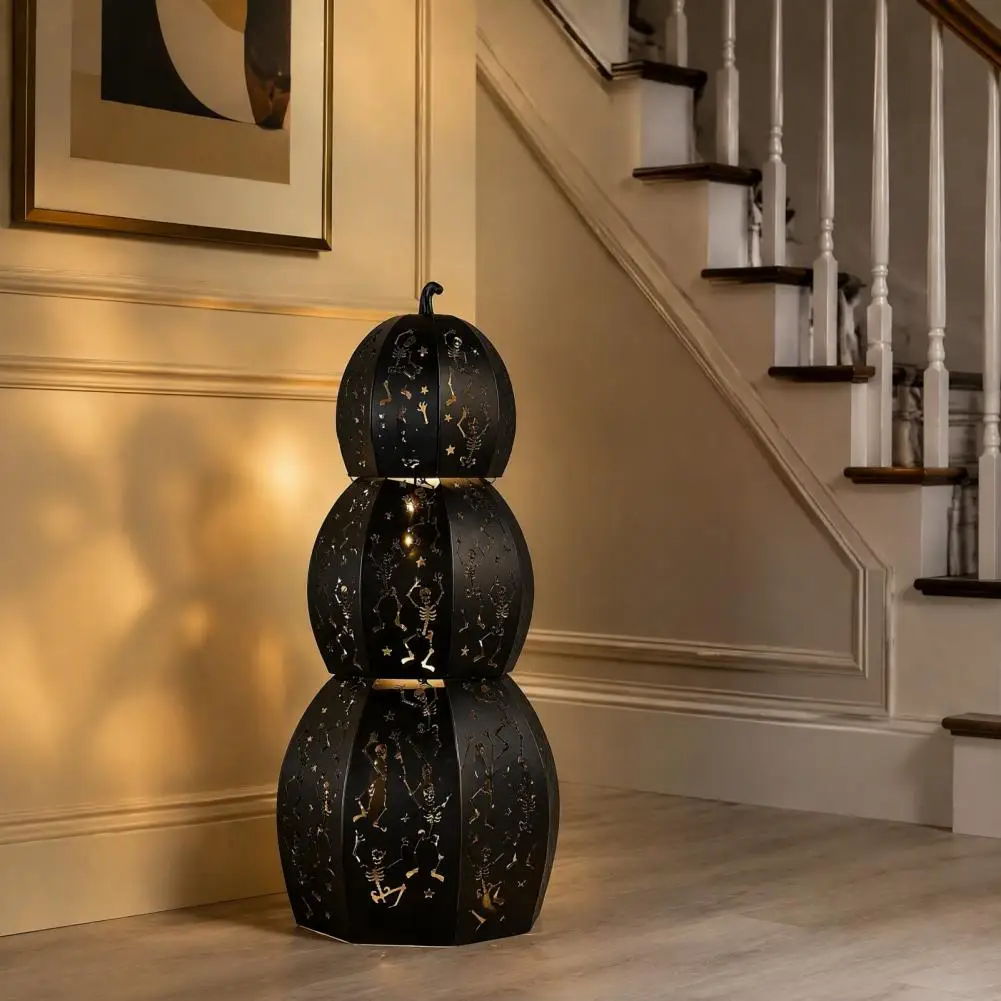 Metal Skeleton Lantern Seasonal Patio Accents Stacked Metal Pumpkin Lantern 3-tier Halloween Decor with Dancing for Porch