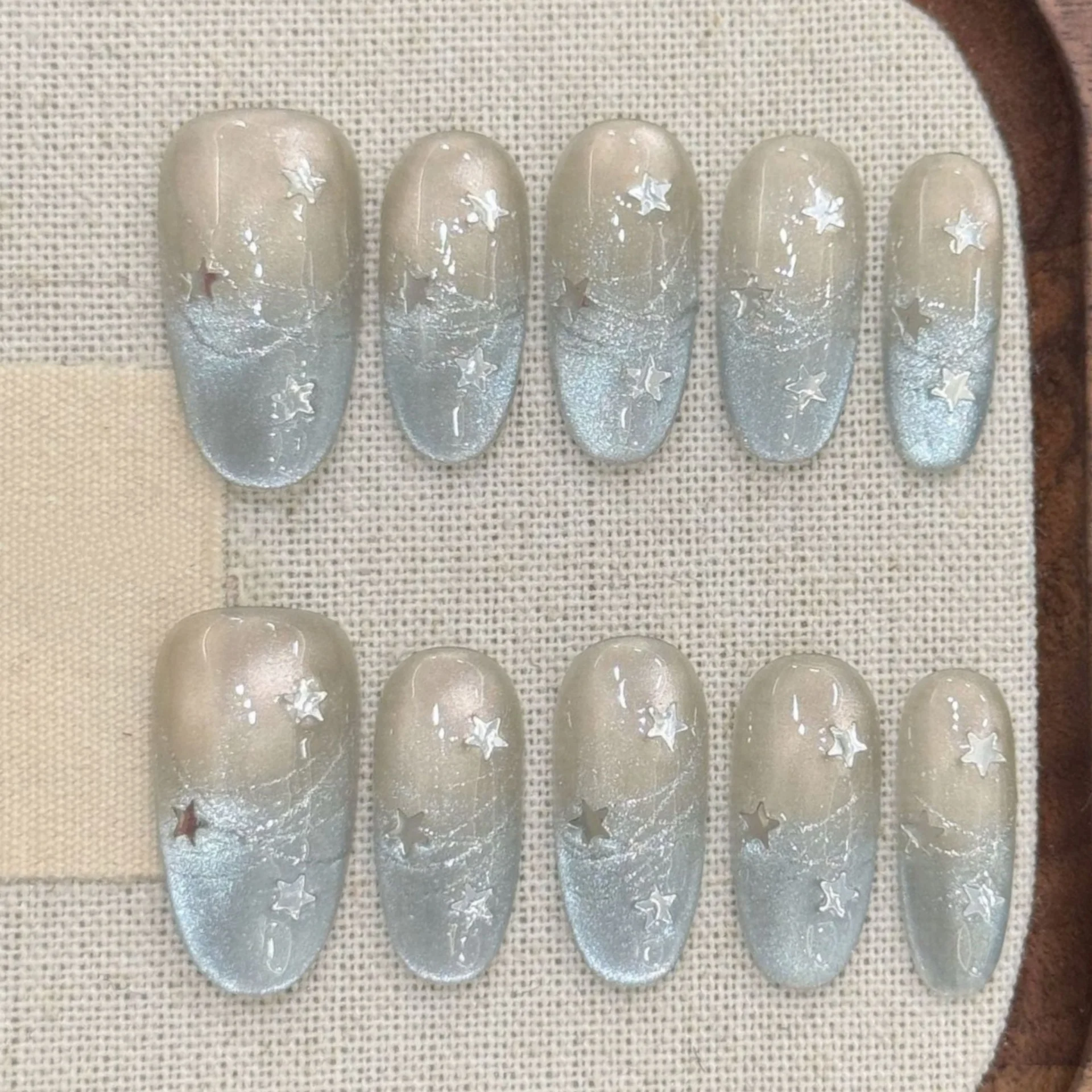 10pcs Finished Handmade Nails Tips Nude Cat's Eye French Long Almond Fake Nail Art Flower Rhinestone Design Press on False Nails