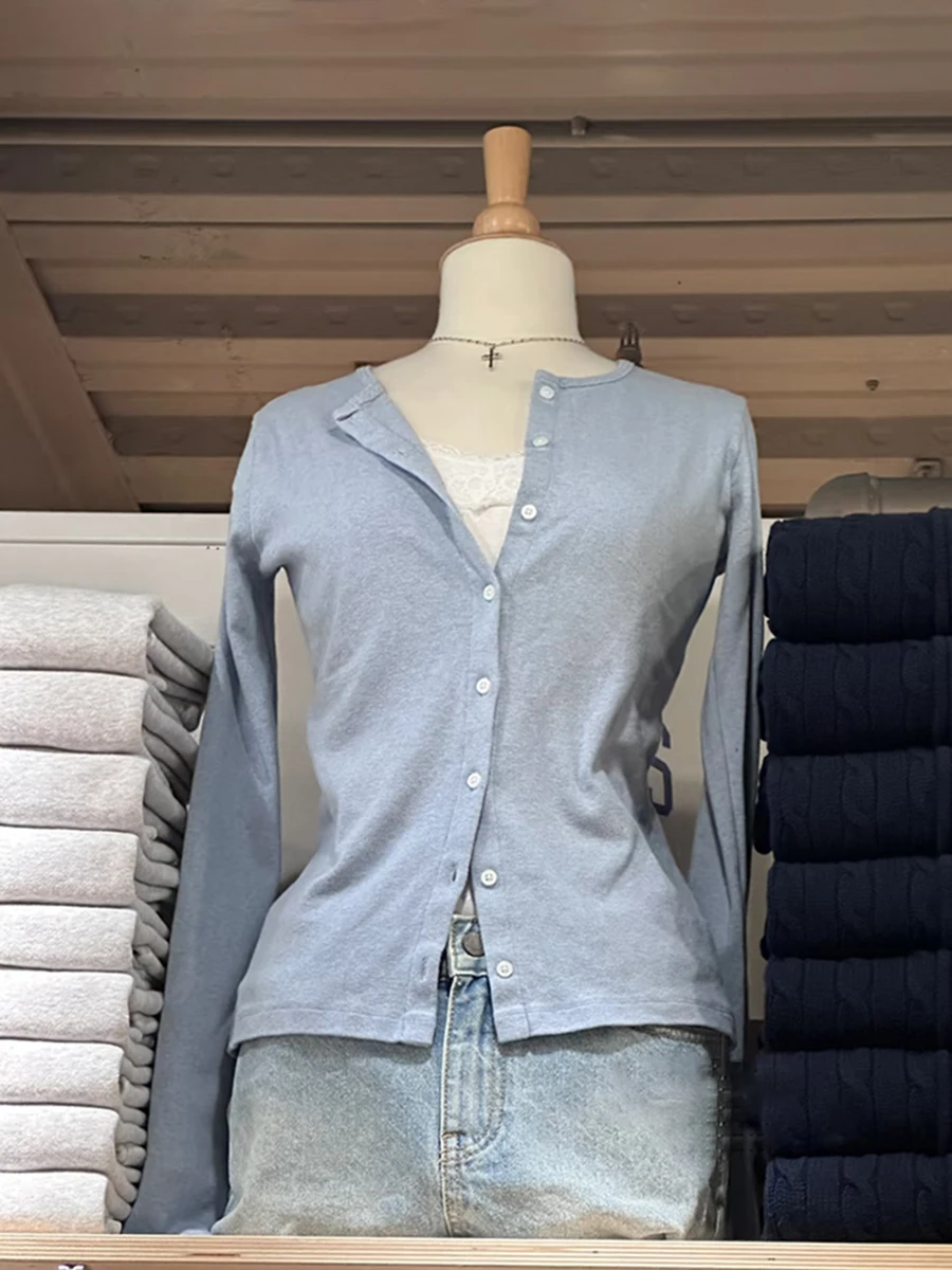 

Simple Long Sleeve Slim T-shirts Cardigan Women Autumn O-neck Single Breasted Cotton Tees Vintage Sweet Blue New Basic Tops Y2k