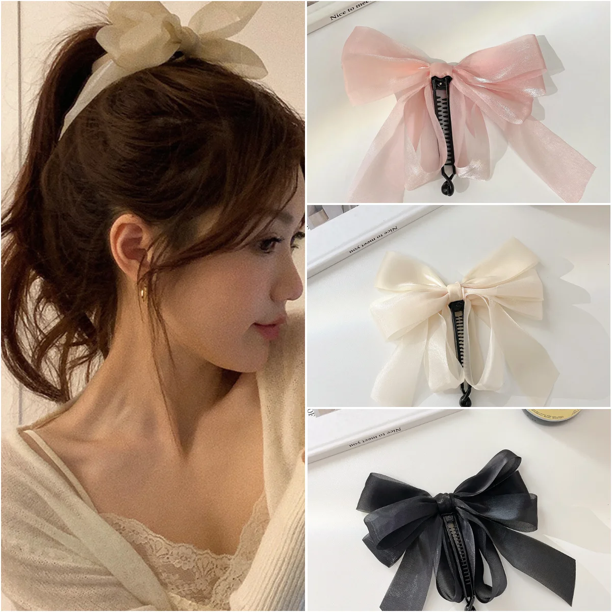 Korean Ribbon Bow Banana Clip Bowknot Ponytail Claw Hair Clips Women Girl High Horsetail Vertical Twist Hairpin Hair Accessories