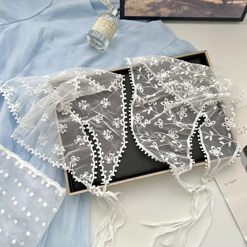 

White Floral Lace Hair Scarf Wraps Breathable Sweet Retro Lace Hair Accessories Breathable Ribbon Artistic Style Travel Photo