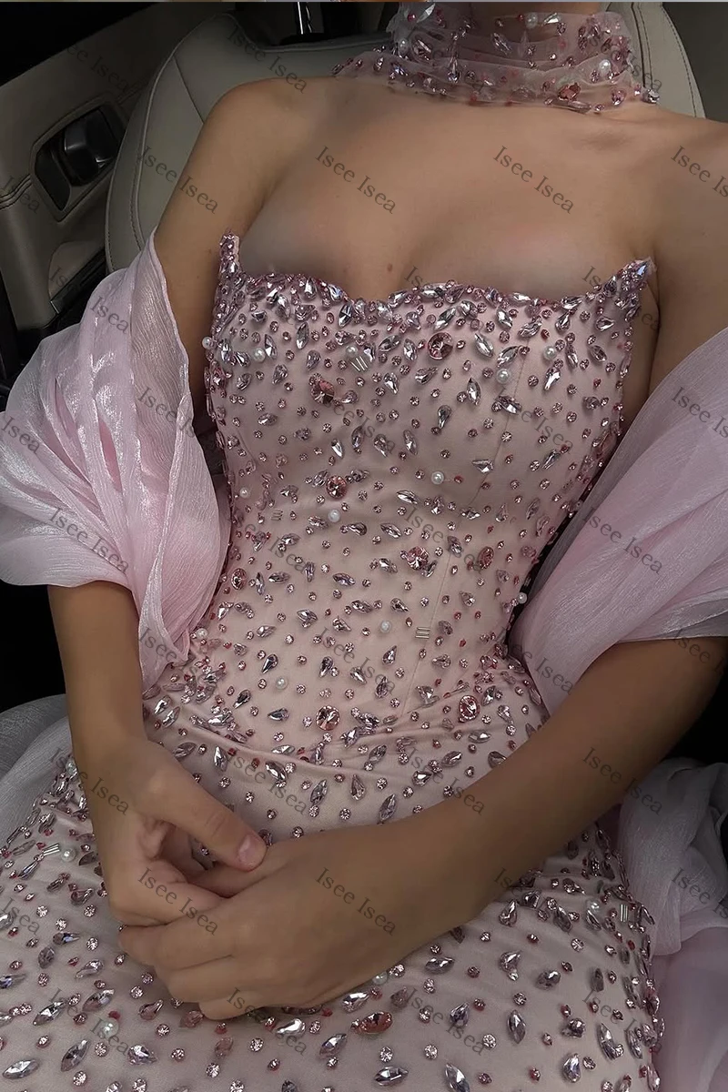 Squisiti abiti da sera rosa scintillanti cristalli Dubai sexy abito da ballo sirena innamorato scialle abito per party di matrimonio personalizzato