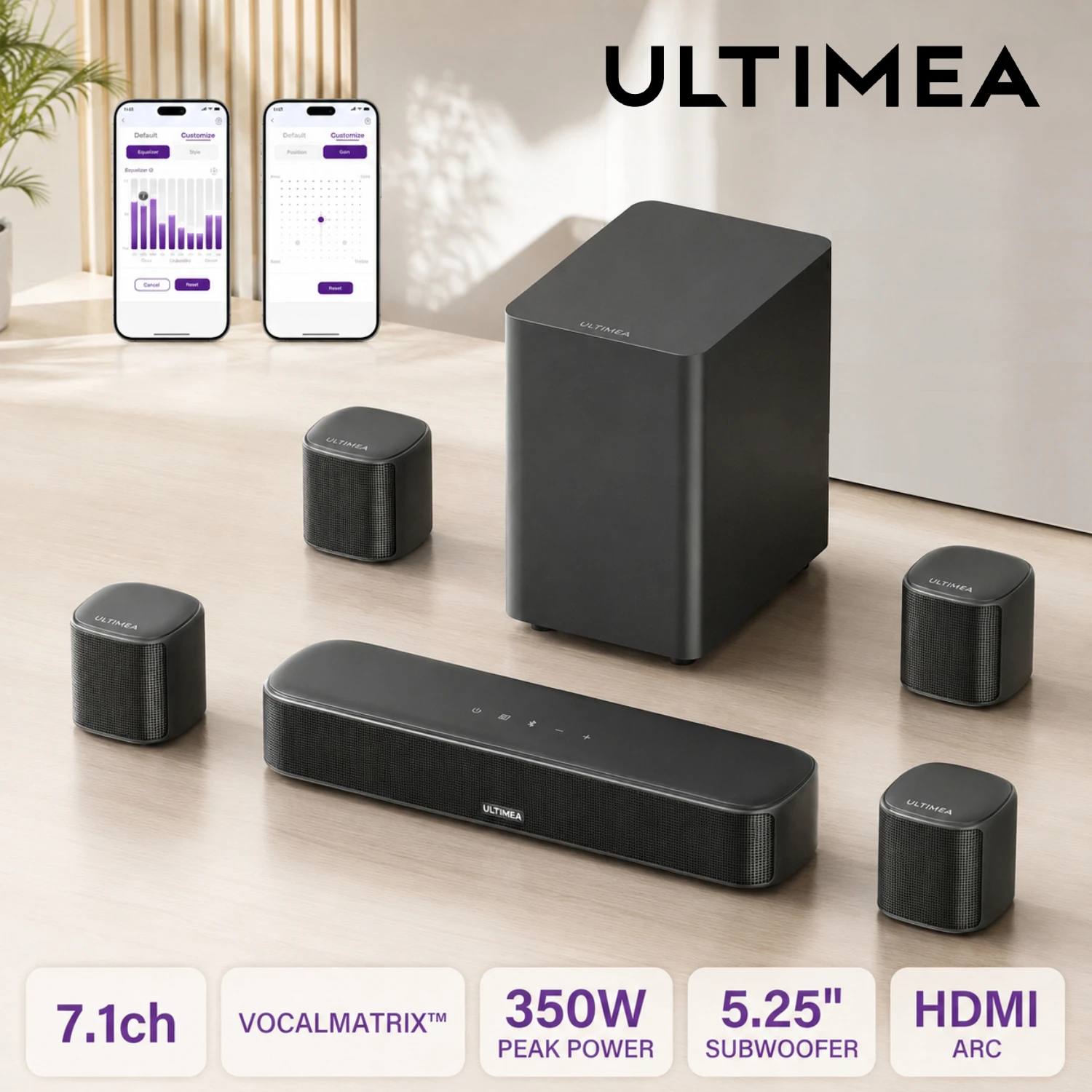 ULTIMEA 7.1CH soundbar met 4 surroundluidsprekers, 5,25" subwoofer, home-theatersysteem voor tv, VocalMatrix. ™ , HDMI ARC