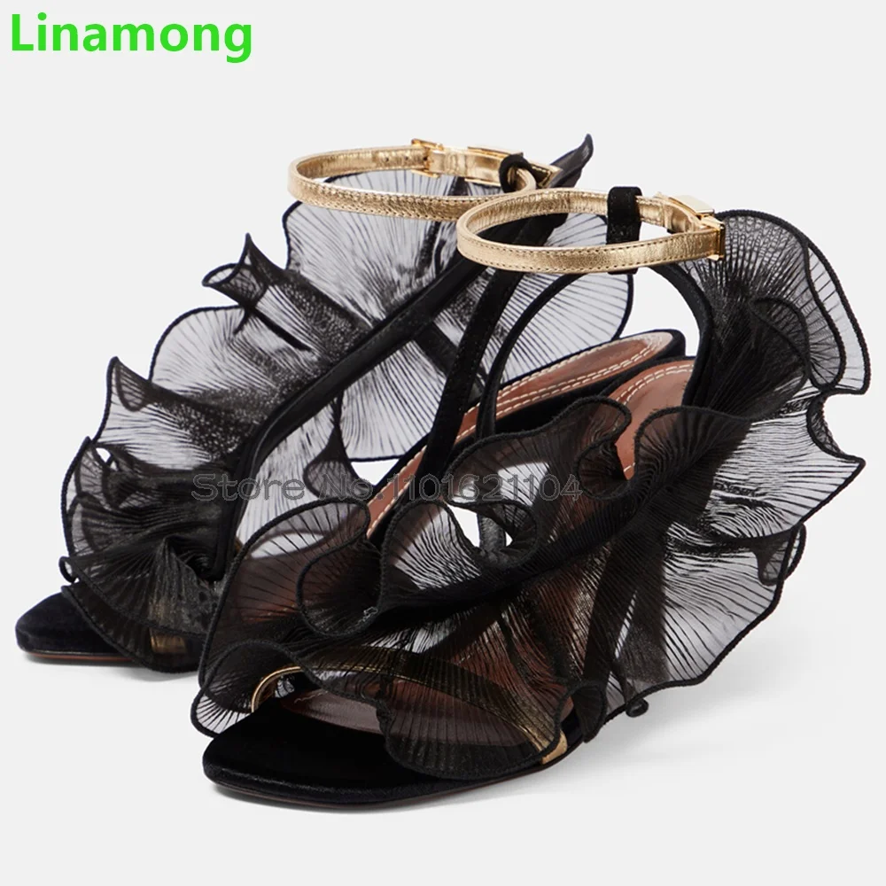 Black Lace Ruffle Edge Runway Sandals For Female Women 2024 New Thin High Heel Square Toe Ankle Buckle Strap Sexy Elegant Shoes