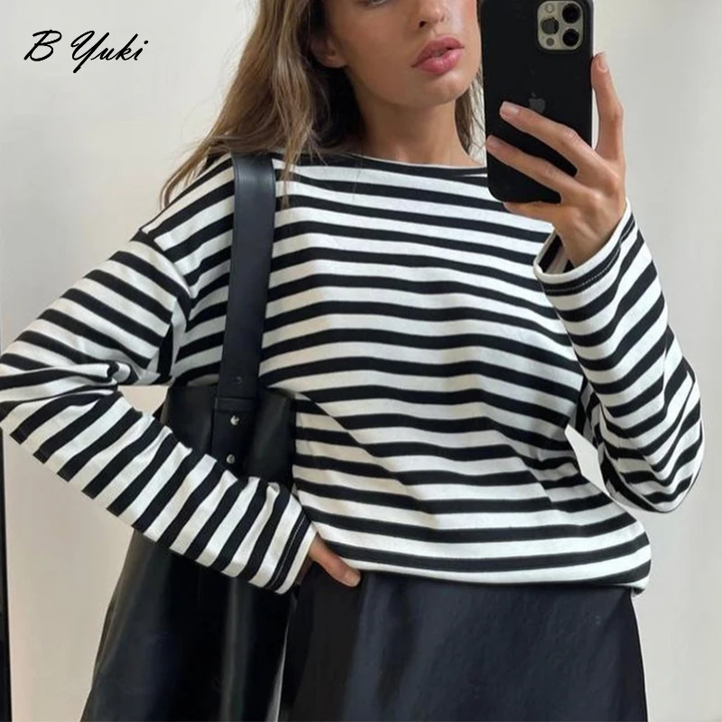 Blessyuki Loose Striped T-shirt Women 2023 Spring Autumn Casual Long Sleeve Cotton Vintage Tees Female Gothic Soft Basic Tops