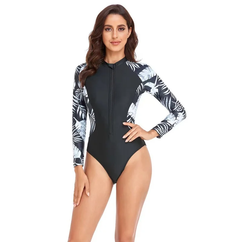 New swimwear Split Long Sleeve Conservative Printed Belly Covered High Elasticity Surfing Suit Swimsuit for Women