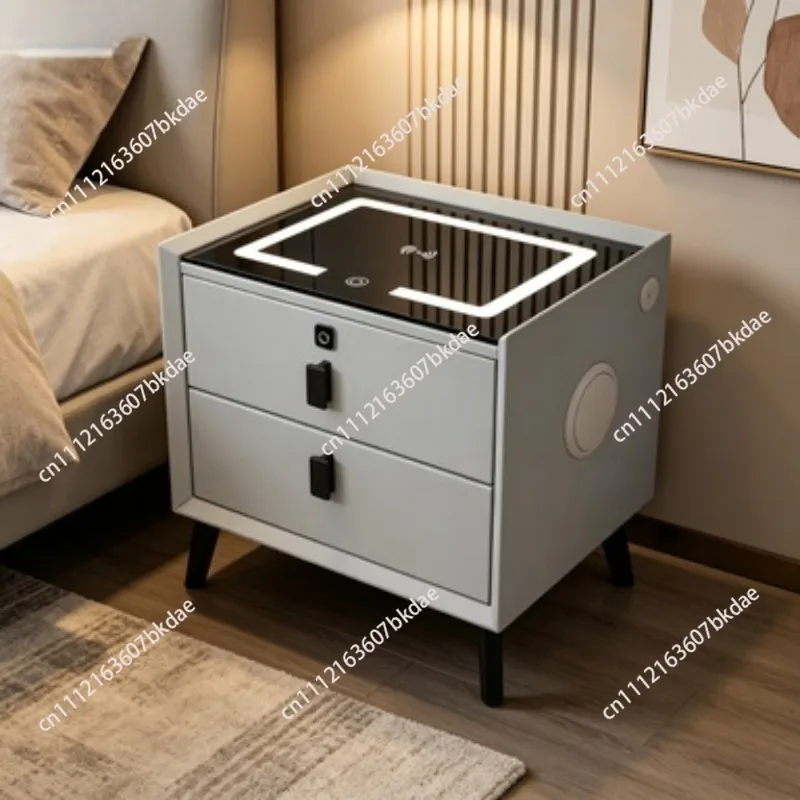 Modern Multifunctional Smart Nightstand MDF Bedside Table LED Light Wireless Charging USB Charging Fingerprint Lock