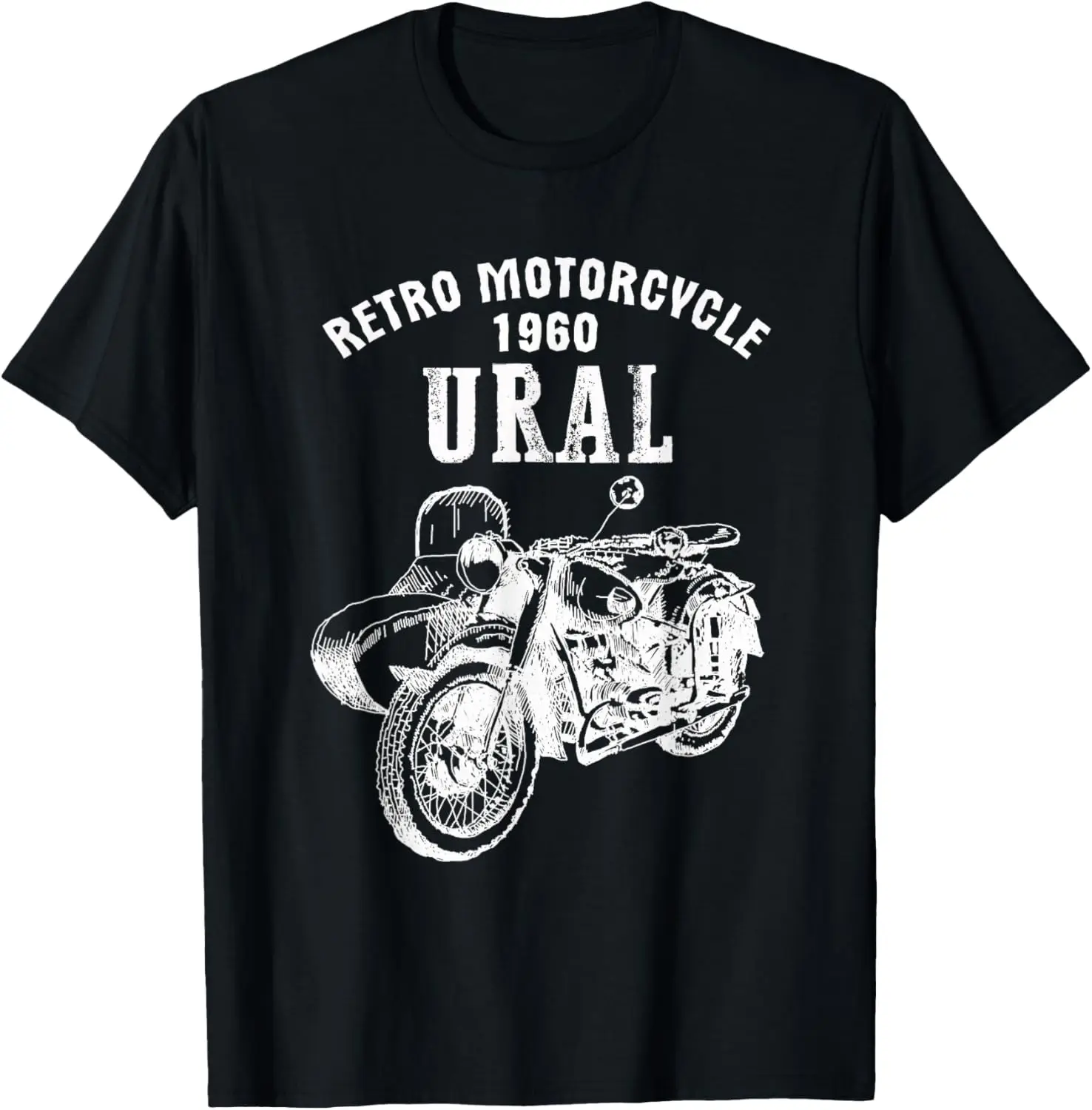 

Ретро мотоциклетная футболка Ural - винтажная мотоциклетная футболка с коляской и мотоциклом