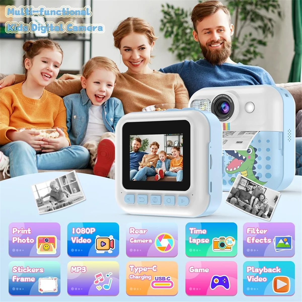 ABXHH 1080p Kid Mini Instant Print Camera 32G Digital Photo Camera Toy Photo Printing Camera with 3Rolls Print Paper for Kid,B