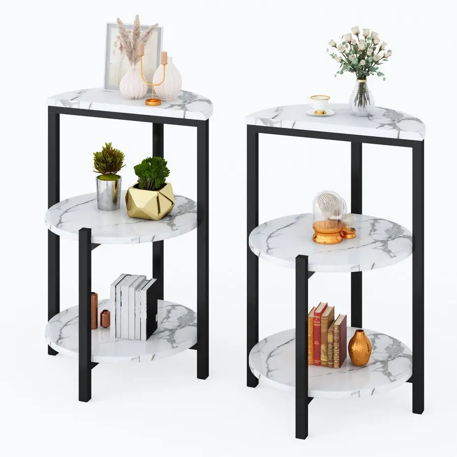 

and Black End Tables Set of 2, Round Marble Nightstand Set of 2 for Bedroom 3Tier Marble Side Table Small Coffe Table with Metal
