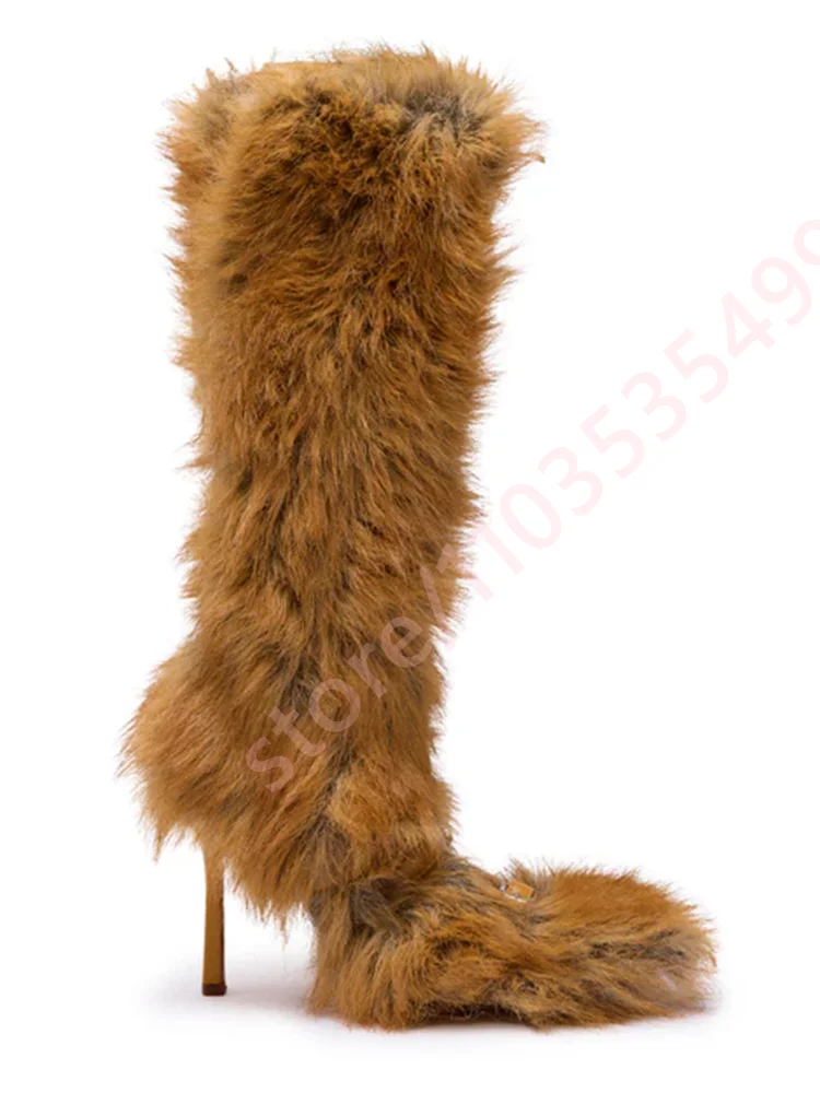 2025 Brown Fur Strap Snow Boots Winter New Fashion Ladies Sexy Party Stiletto Stage Boots Model Catwalk Furry Knee-High Boots view 2