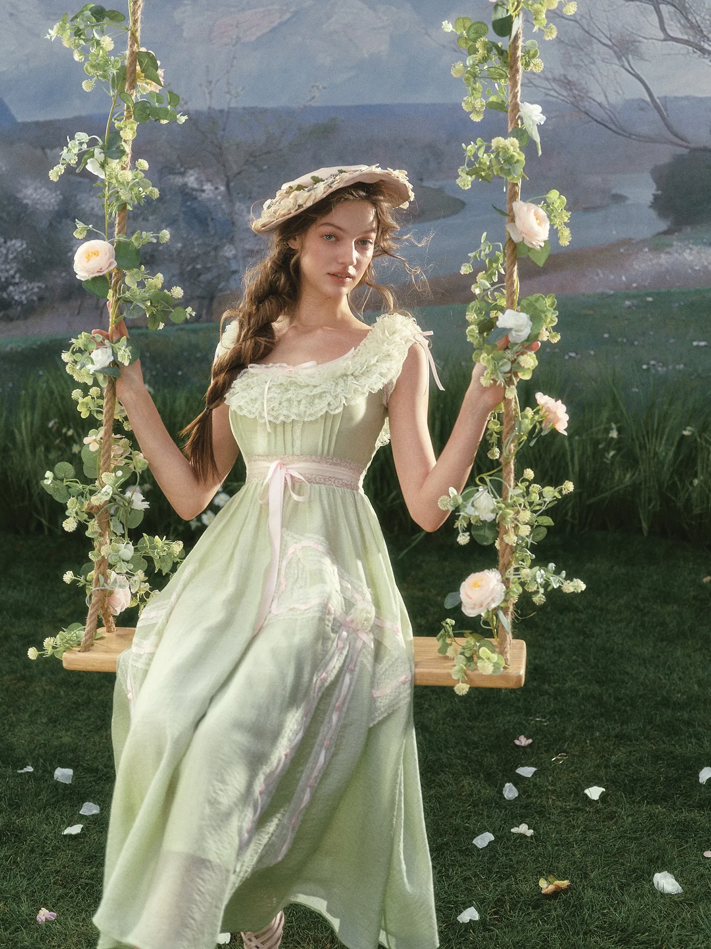 

TIYIHAILEY Summer Women Dress Short Sleeve Long Maxi Ladies XS-XL Vintage High Waist Square Collar Lace Patchwork Green 2026 New