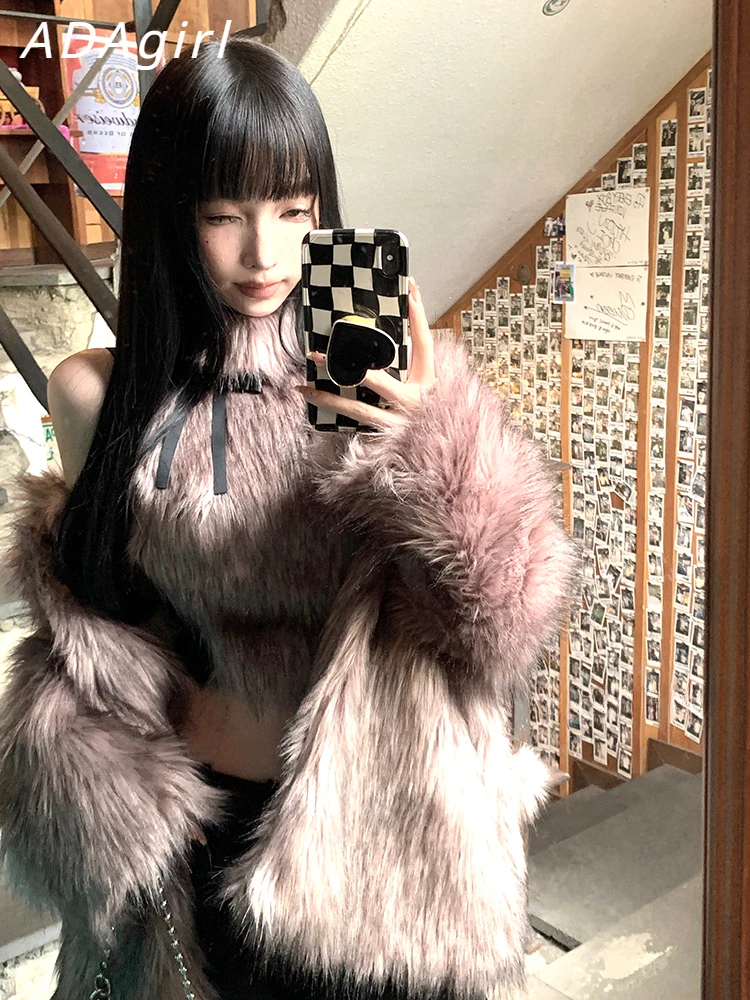 ADAgirl Faux Fur Tank Top High Collar Sleeveless Camis Jumper with Bow Korean Fashion Design Aesthetics Outfits Edgy Clothes Y2k