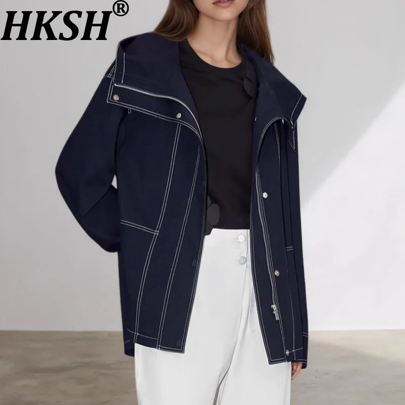 

HKSH Spring Autumn New Women Trench Coat Hooded Zipper Thread Design Versatile Casual Windbreaker Outdoor Stylish Jacket HK11275