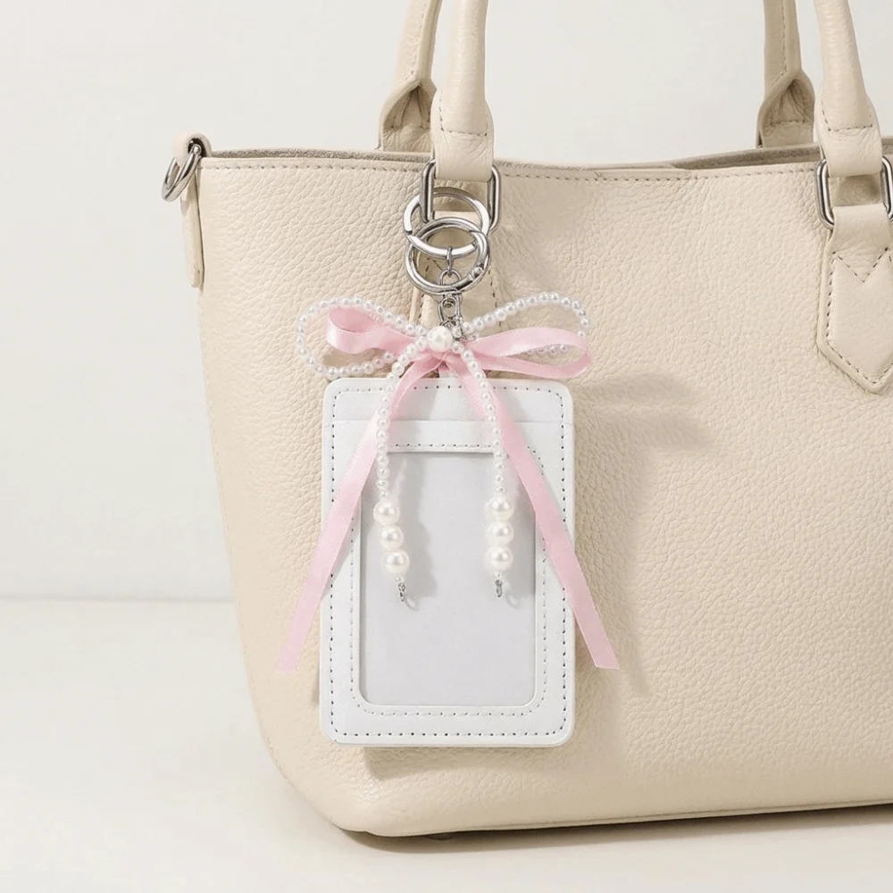 Causal PU Leather Woman Wallet Pearl Thin Short Card Bag Keychain Multi-functional Bow Card Holder Daily