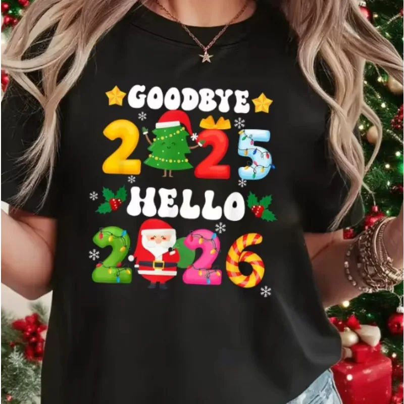Hello 2026 New Year's Eve Short Sleeved Women's Loose and Comfortable Plus Size T-shirt New Year Party Clothing Women's Clothing