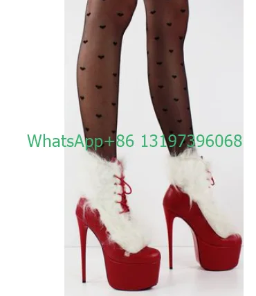 Lady red color platform super heel fur boots stiletto heel lace-up feather PU sexy feather boots vintage dance dress boots 46