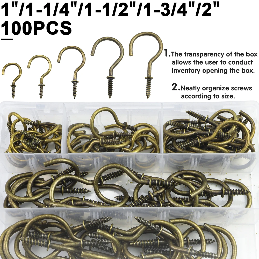 NINDEJIN 100pcs Bronze Screw Hook Set Kitchen Cup Hook Screw Carbon Steel Ceiling Hooks Hanger for Hanging Plants Lights Cup