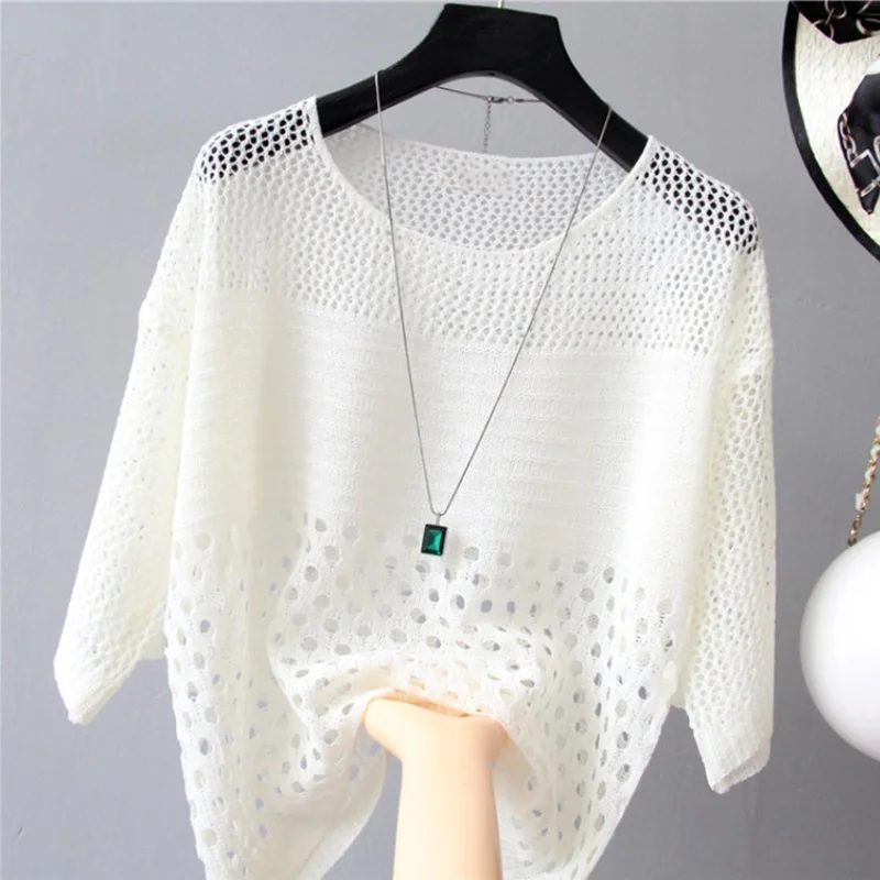 Thin Hollow Knit Sunscreen Blouse for Women, Round Neck, Seven-Point Cuff, Pullover Sweater, Female Tops, Summer, New, 2023