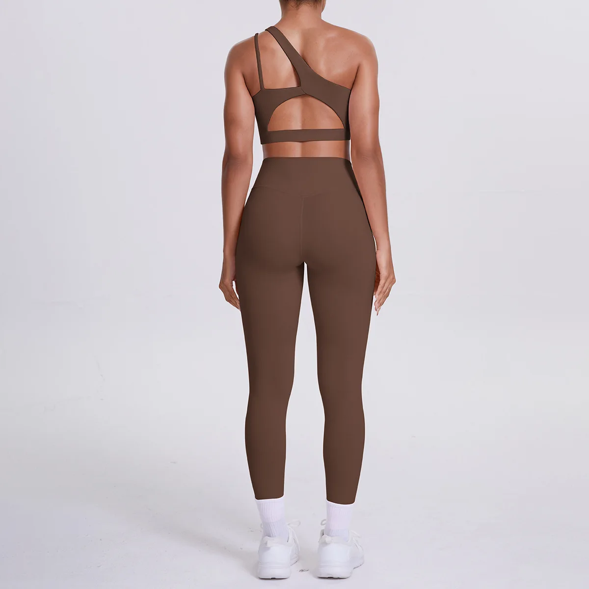 طقم يوجا مزدوج الجوانب بكتف واحد للنساء من النايلون المصقول، ملابس للتمرين في صالة الألعاب الرياضية واللياقة البدنية مكونة من قطعتين مع سراويل طويلة