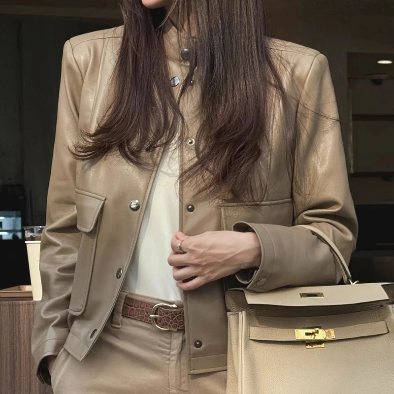 

Chic Vintage ort PU Leather Jaet Women's Loose Fit Stand Collar Motorcycle Coat with Big kets Autumn Faion Outerwear