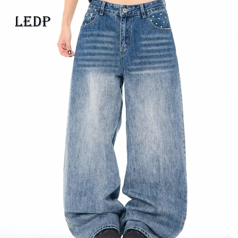 

American Retro Star-printed Wide-leg Women's Jeans 2026 Spring Autumn Leisure Versatile Loose Straight Cut Long Trousers Ladies