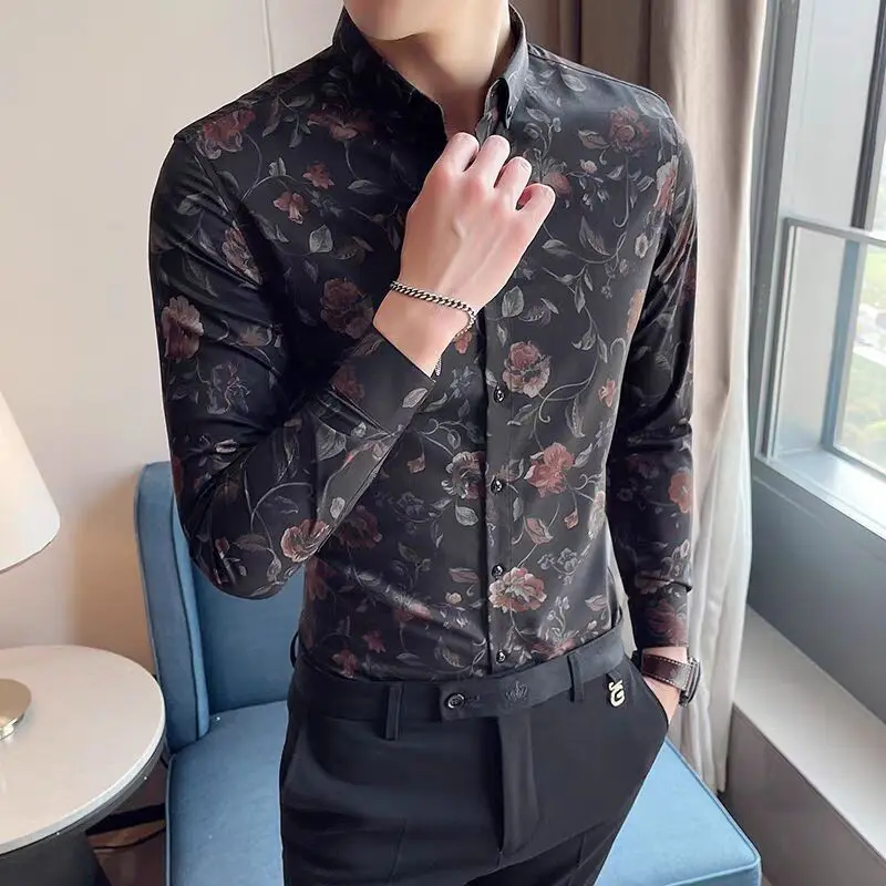 Fashion Lapel Button Spliced All-match Printed Shirts Men's Clothing 2023 Spring New Loose Casual Tops Long Sleeve Korean Shirt