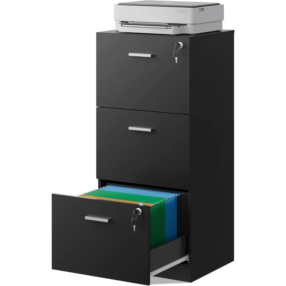 

3 Drawer File Cabinet with Lock, Vertical Wood Filing Cabinet for Home Office, Printer Stand for Letter and A4 Size, Black