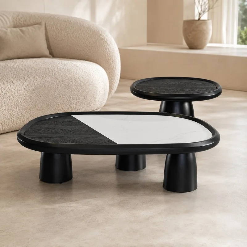 Minimalist high-end black and white color coffee table, environmentally friendly wooden table, suitable for villa indoor living