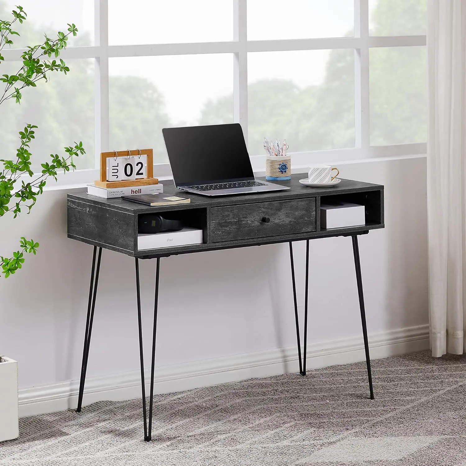 39.3' Home Office Work Table with Drawers,Computer Desk with Hairpin Leg for Writing/Study,Charcoal Grey