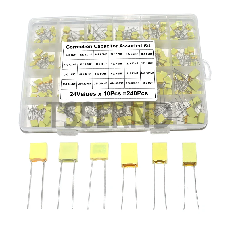 240Pcs 24Values x 10Pcs 100V 102J-105J Polypropylene Safety Plastic Film Capacitors Set Correction Capacitor Assorted Kit