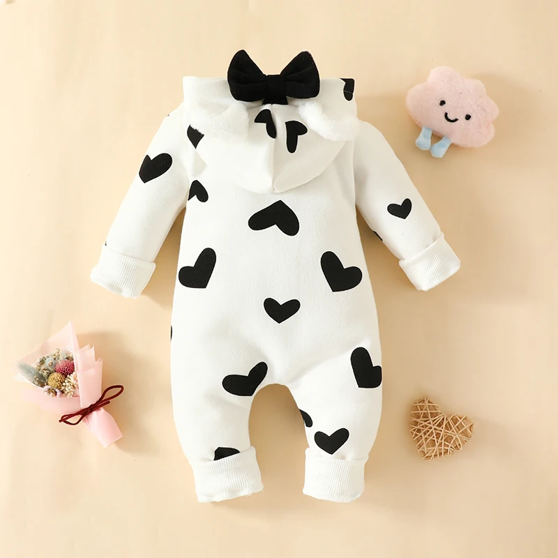 Baby Jumpsuit Newborn Infant Boys Girl Soft Warm Long Sleeve Hooded Heart/Cow Pattern Bow Zipped Romper Casual Winter Clothes