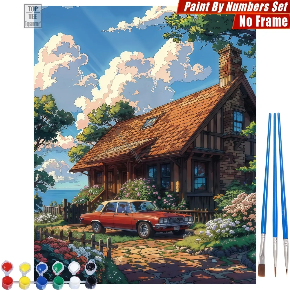 

Countryside Wooden House Digital Oil Paints Kit - House Flowers Car Home Bedroom Decor Birthday Gift For Son