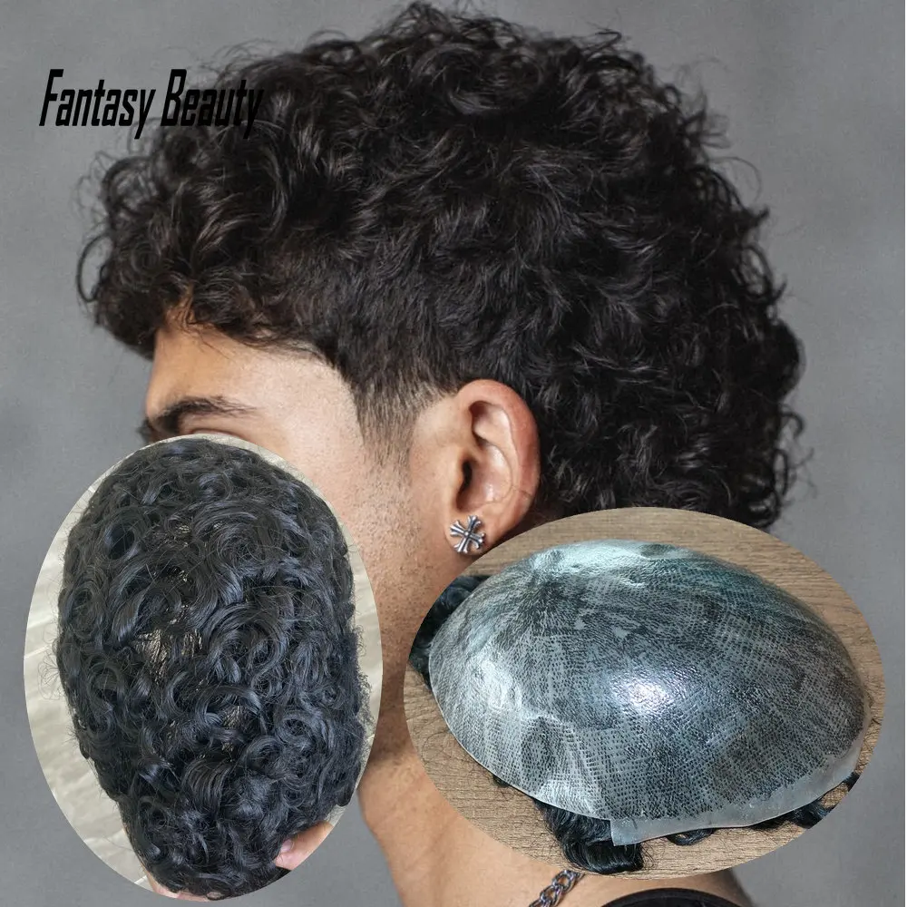 

20MM Afro Curly Toupee For Men Human Hair Wigs Super Thin Skin Jet Black Replacement System Microskin PU Capillary Prosthesis