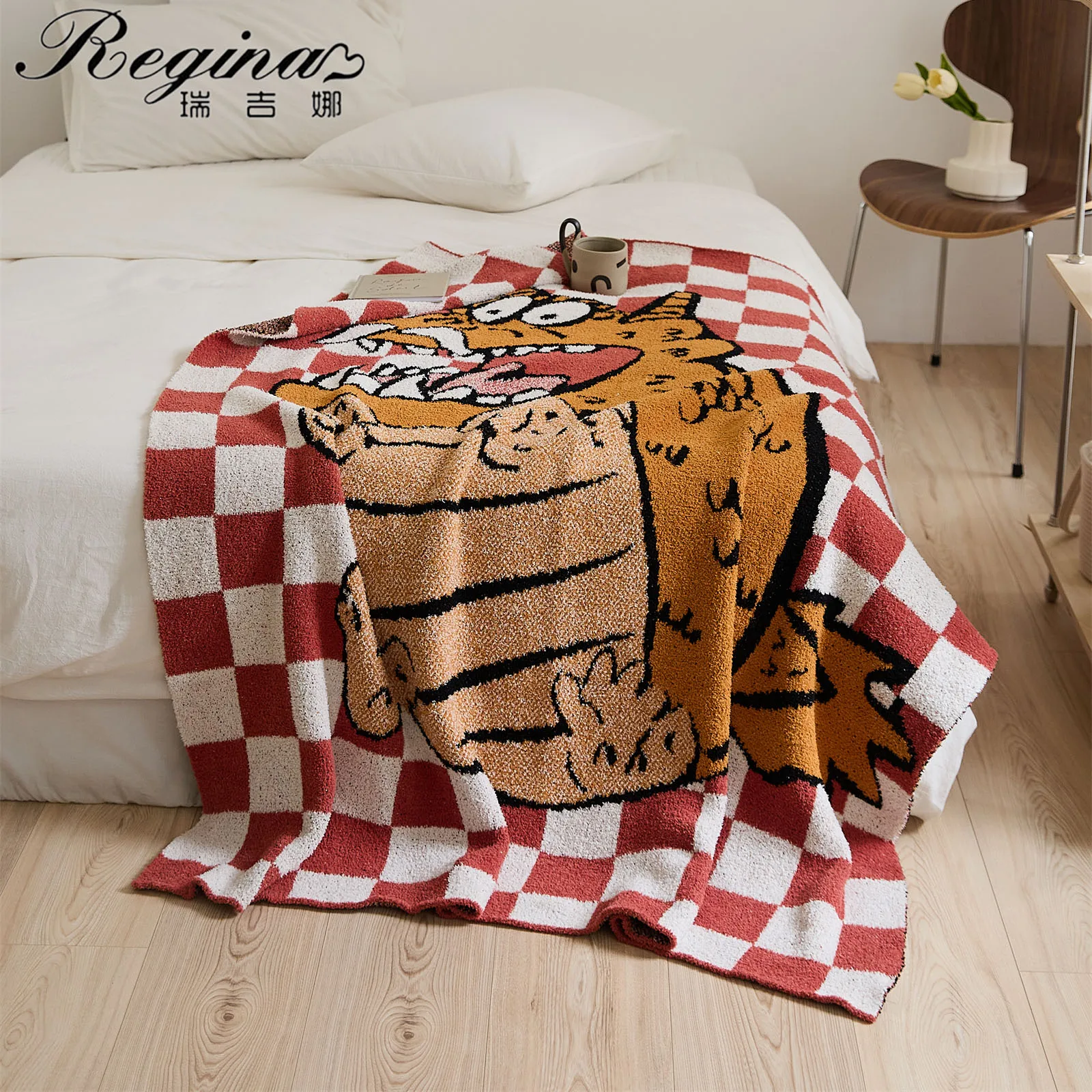 

REGINA Kawaii Cartoon Dargon Children Blanket Wine White Checkerboard Design Cute Student School Nap Blanket Kid Bed Quilt Throw